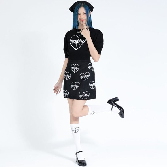 Morph8ne Goth Punk School Girl Heart White Logo High Knee Socks - Picture 2 of 4